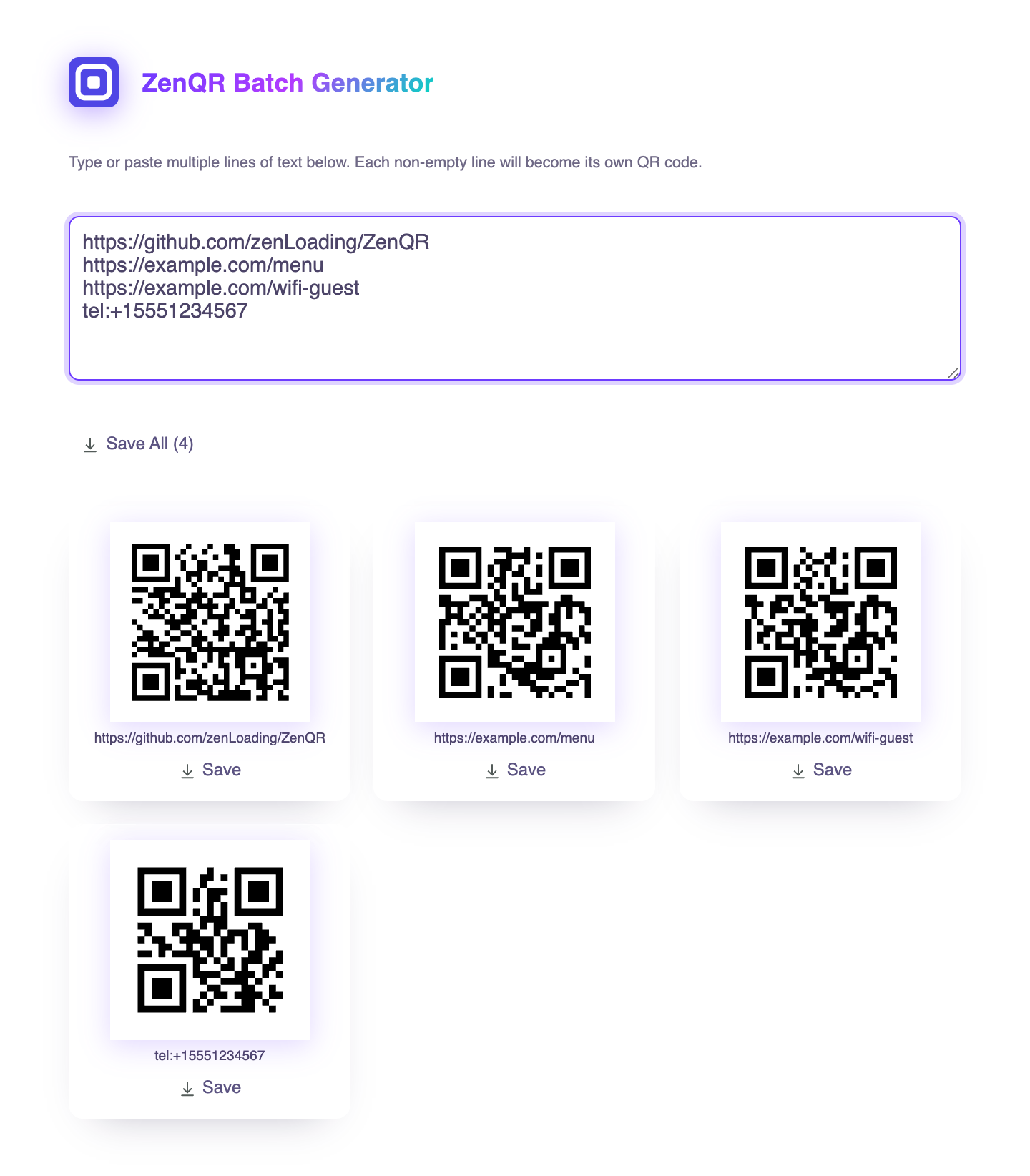 The batch generator producing four QR codes from four lines of pasted text