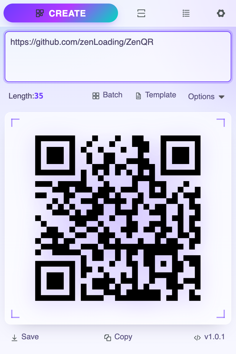 ZenQR's Create tab showing a generated QR code for a GitHub URL