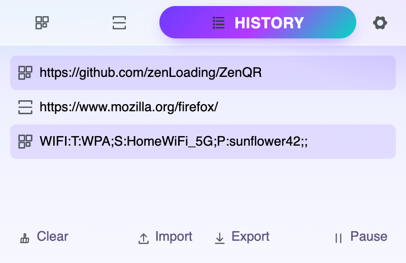 The history tab listing recently generated and scanned codes with import and export actions
