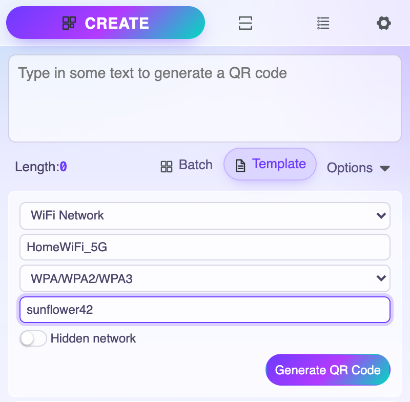 The WiFi template form filled in with a network name and password